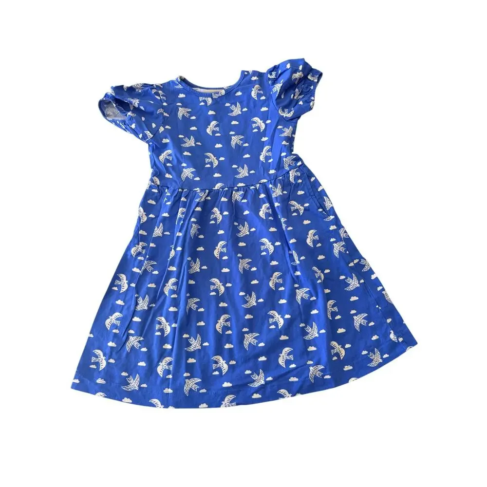 Mini Boden Girls 8/9 Cabana Blue Birds Puff Sleeve Jersey Dress